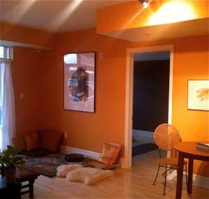 freshly painted orange living room white trim wood floors